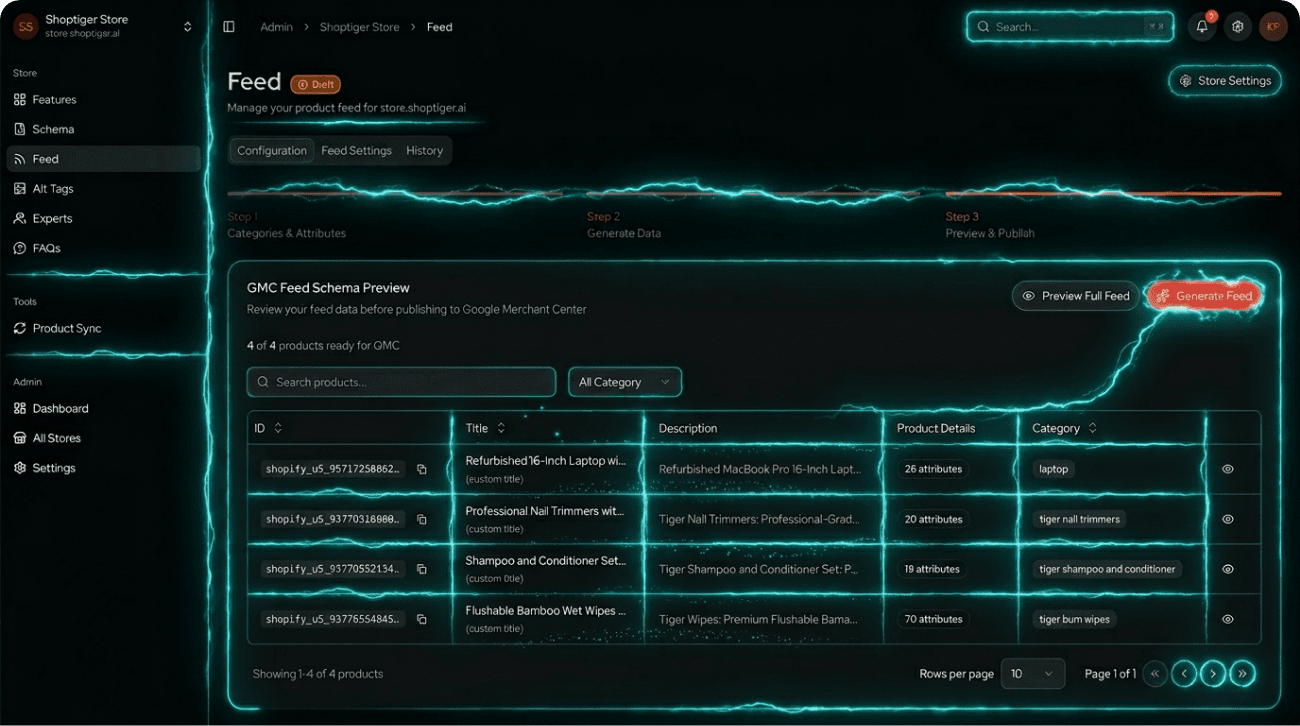 Shoptiger App Feed Interface - AI-powered product management